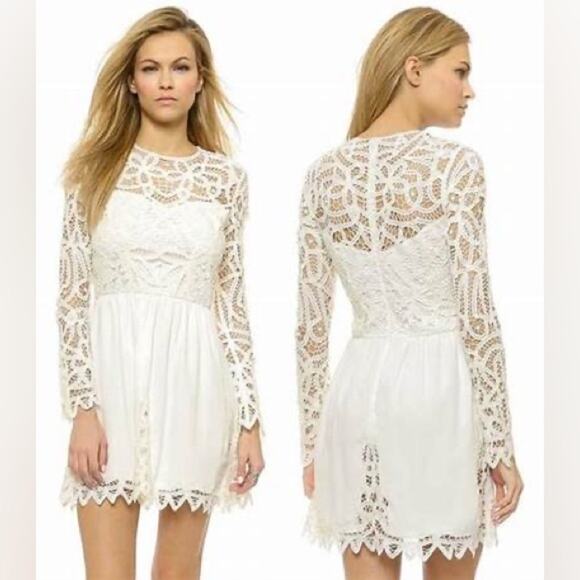 SAYLOR Ivory Josie Battenberg Long Sleeve Crochet Lace A-Line Mini Dress Size XS - Picture 1 of 12